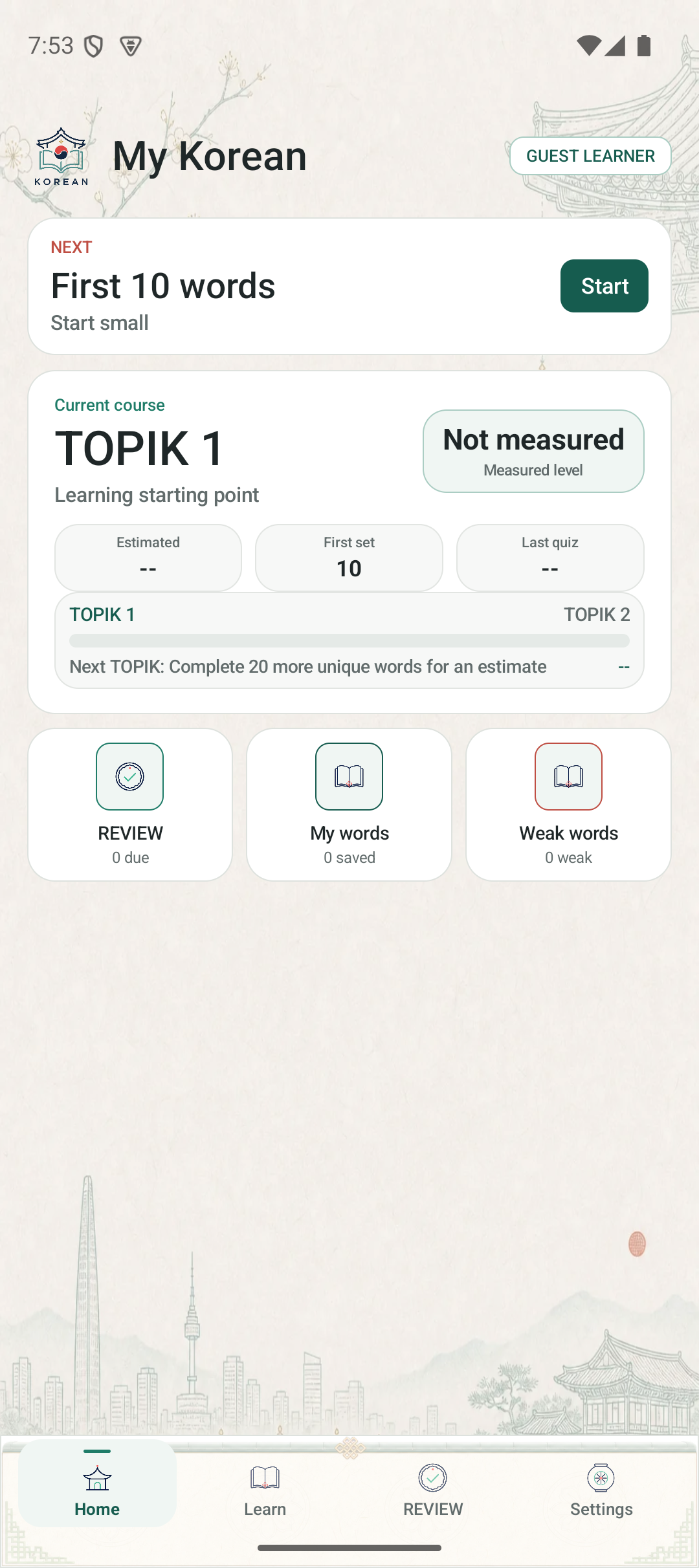 BSKorean home screen showing TOPIK progress