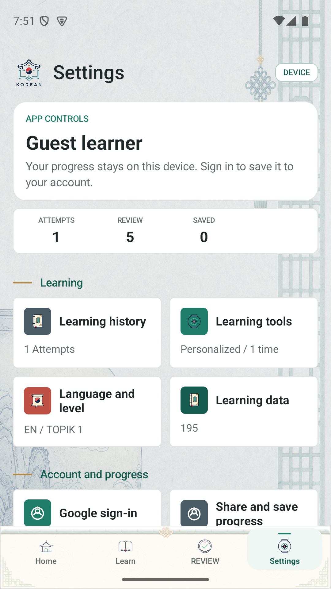 BSKorean 2.4.4 settings screen showing device progress and learning controls