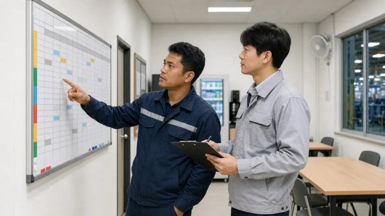 A foreign worker checks a workplace schedule board with a supervisor.