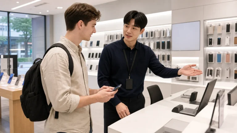 A learner stands at a mobile phone store counter while staff explains a smartphone service.