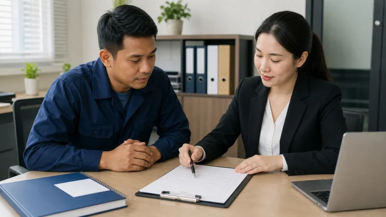 A foreign worker reviews an employment contract with HR staff at an office desk.