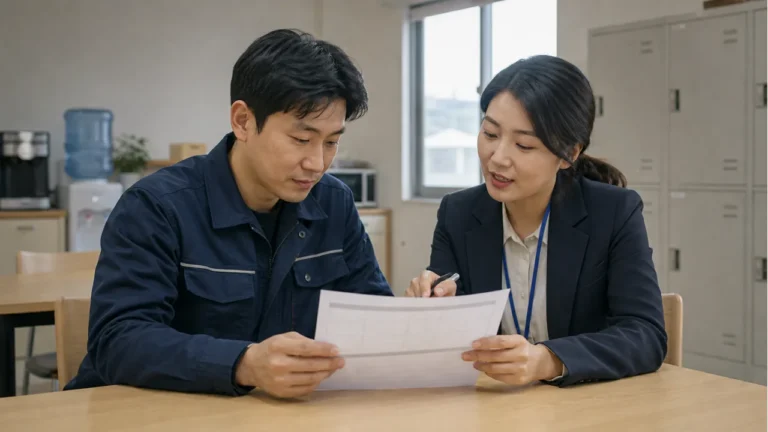 A foreign worker reviews a blank payslip with a payroll staff member.