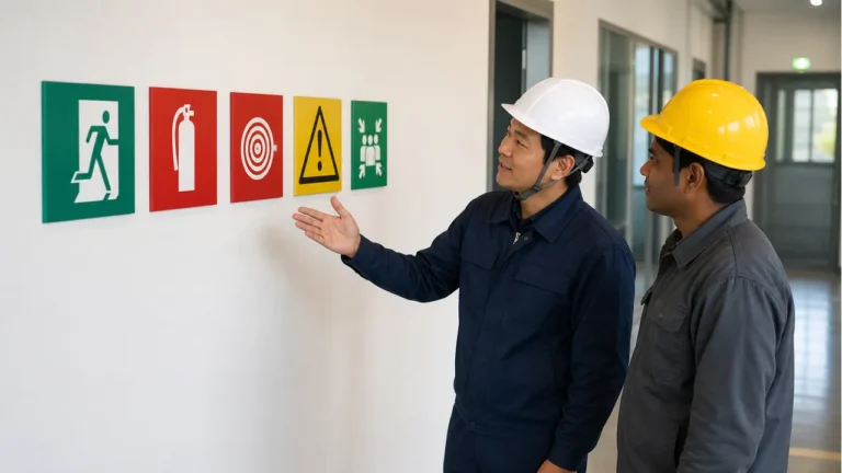 A worker and supervisor review icon-only fire and emergency signs in a workplace hallway.