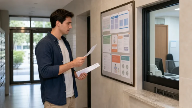 A foreign resident reviews an apartment management fee notice on a community board.