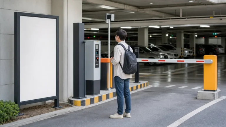 A learner stands near a blank parking garage sign and barrier gate.