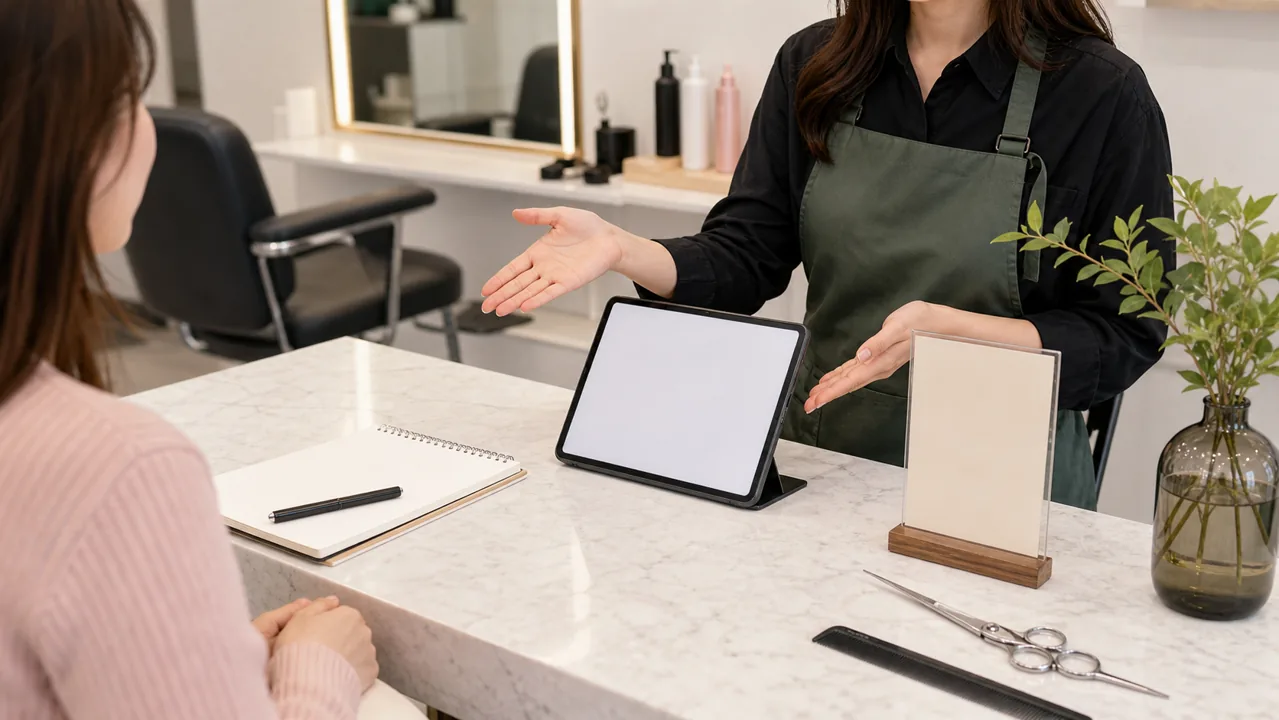 A Korean hair salon appointment counter with a blank tablet and styling tools.