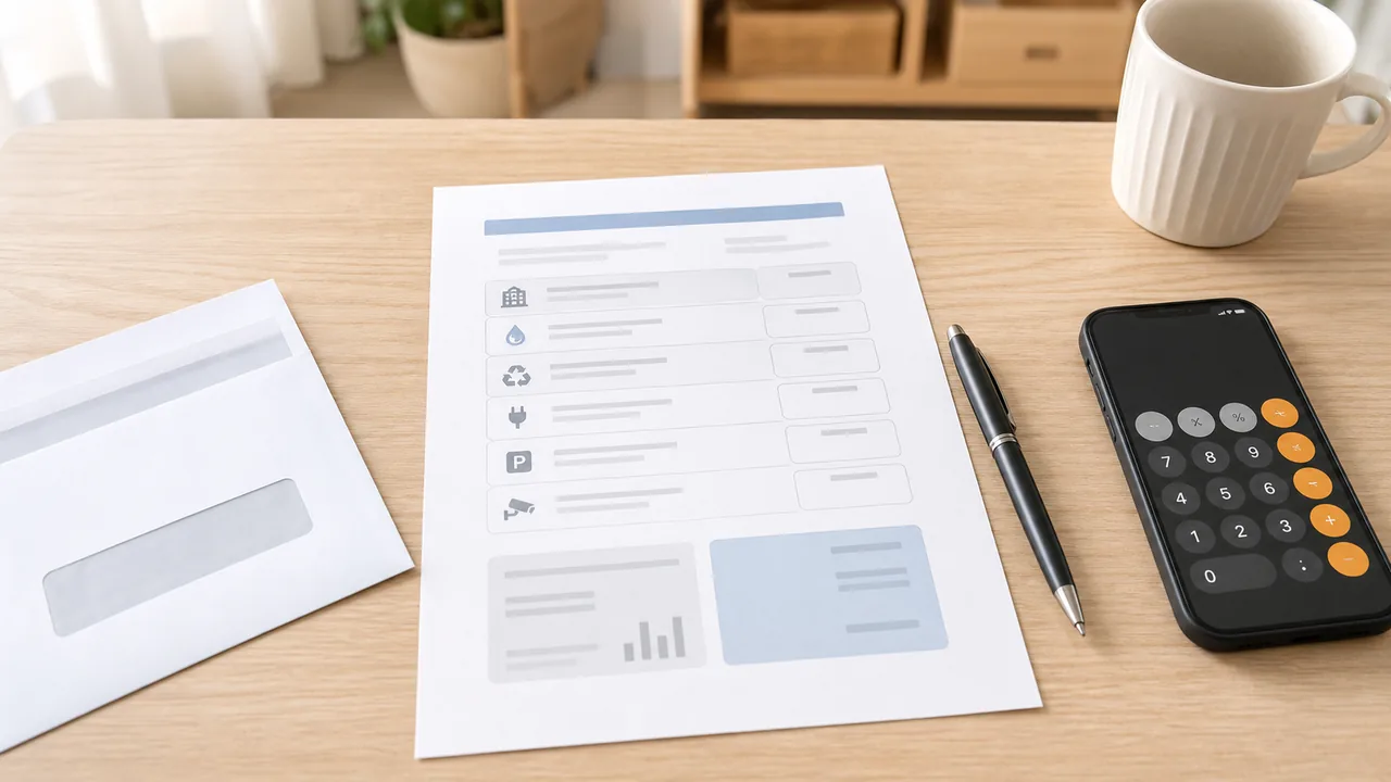 A simplified text-free apartment fee notice layout with bill, deadline, payment, and utility sections.