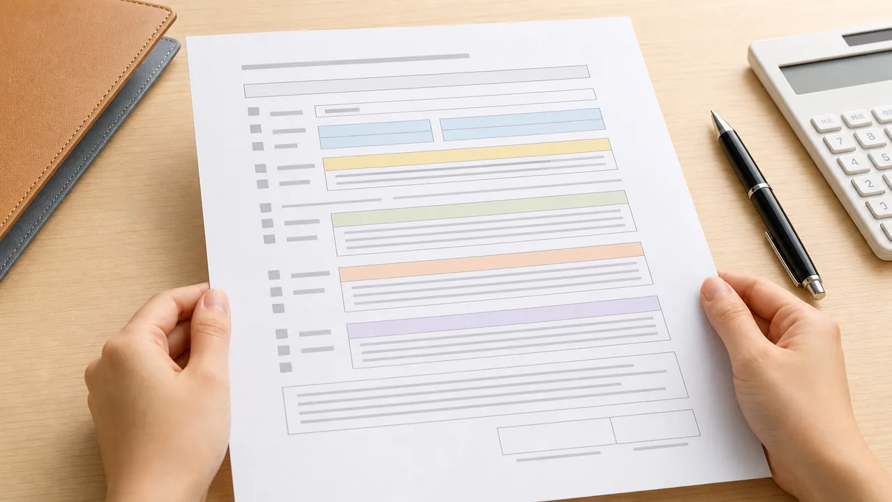 A blank employment contract form with highlighted sections for work terms and pay.