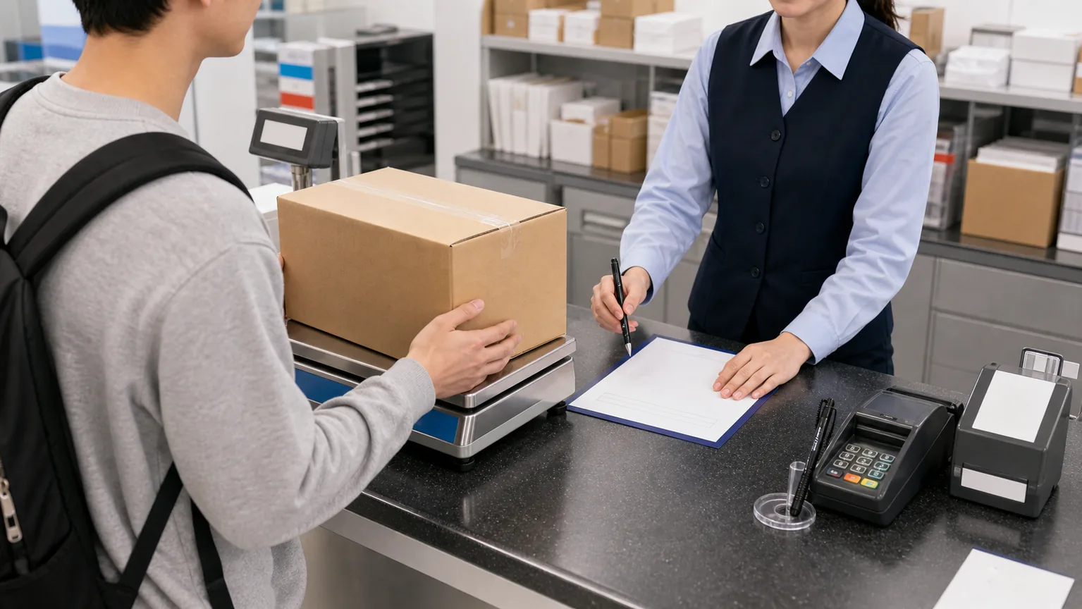 A post office counter with a parcel on a scale and a blank mailing form.