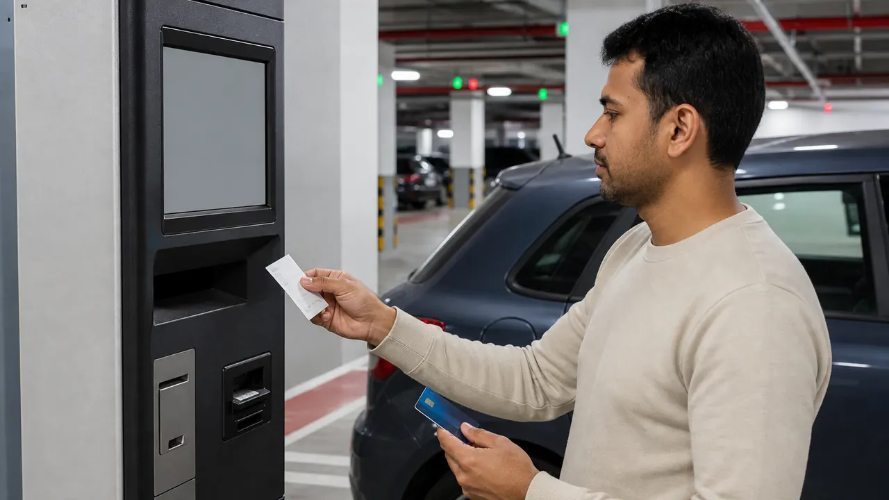 A learner uses a blank parking payment kiosk with a ticket and payment card.