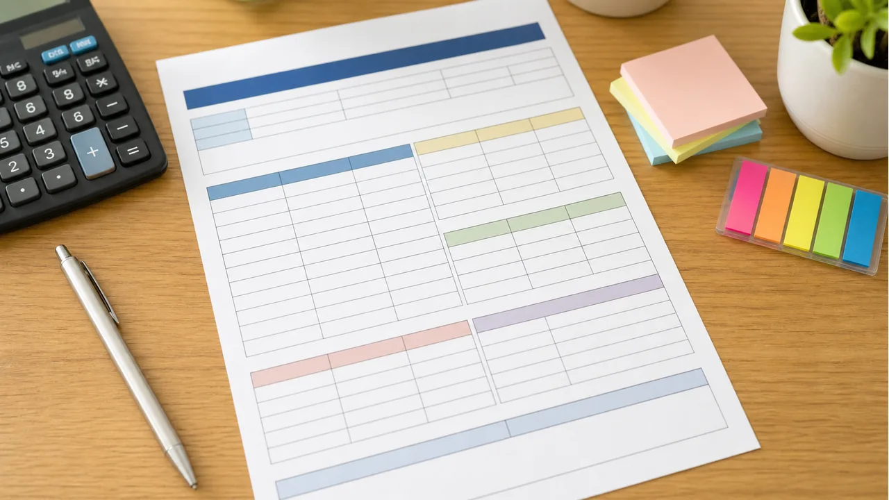 A blank payslip form with colored sections for pay, deductions, and net pay.