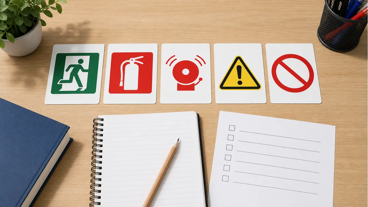 Icon-only safety sign cards for exit, fire equipment, alarm, caution, and prohibition.
