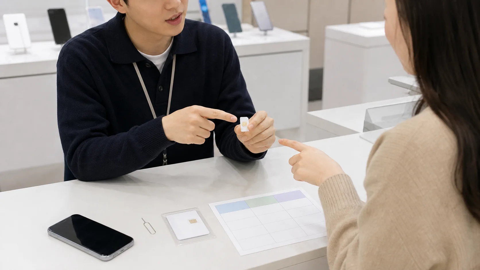 A mobile phone store counter with a phone, SIM card, and blank service form.