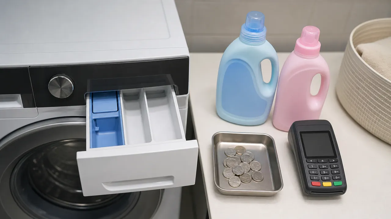 A washing machine drawer, detergent, fabric softener, coins, and a blank card payment terminal.