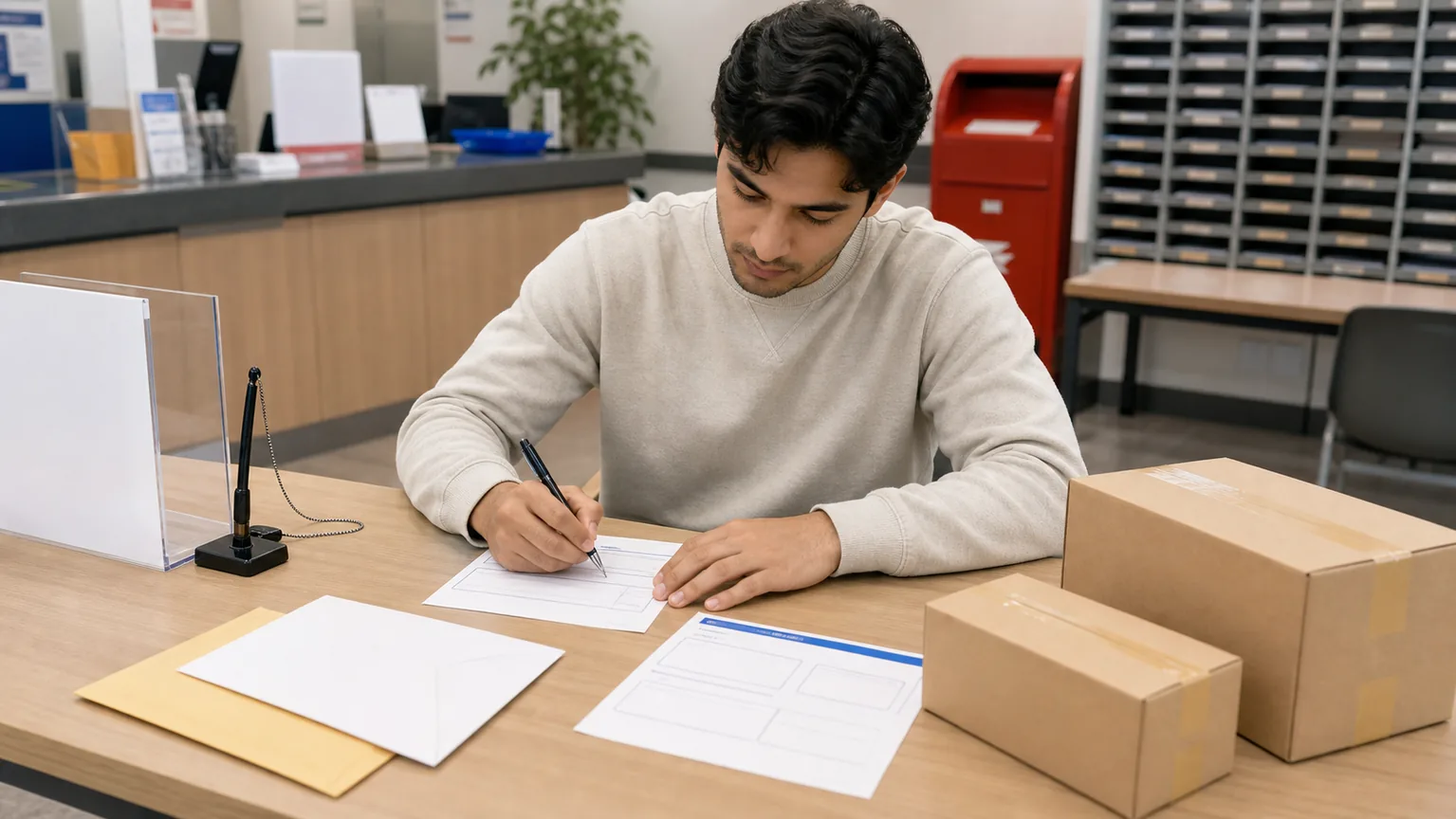 A learner fills out a blank parcel address form beside envelopes and boxes.