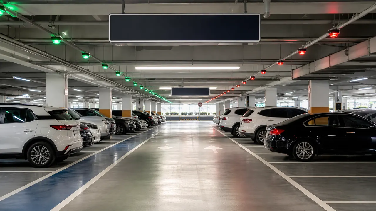 A parking lane with red and green indicators and a blank sign.
