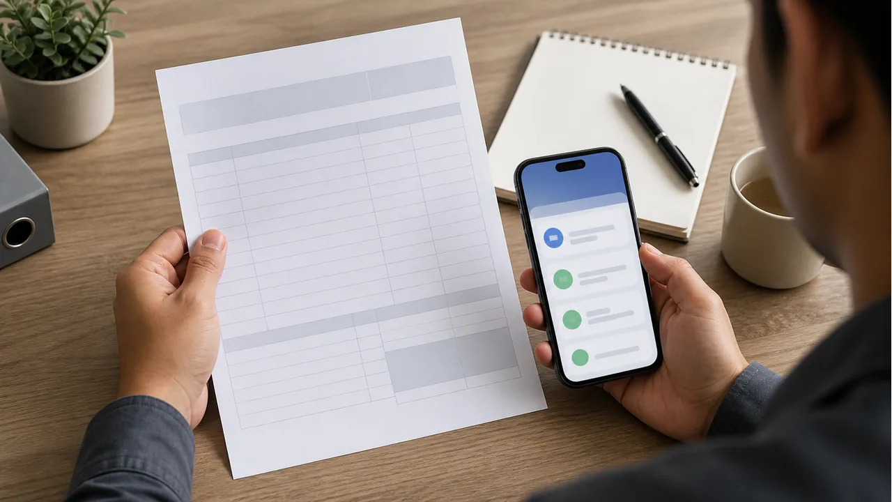 A worker compares a blank payslip with a generic phone deposit notification.