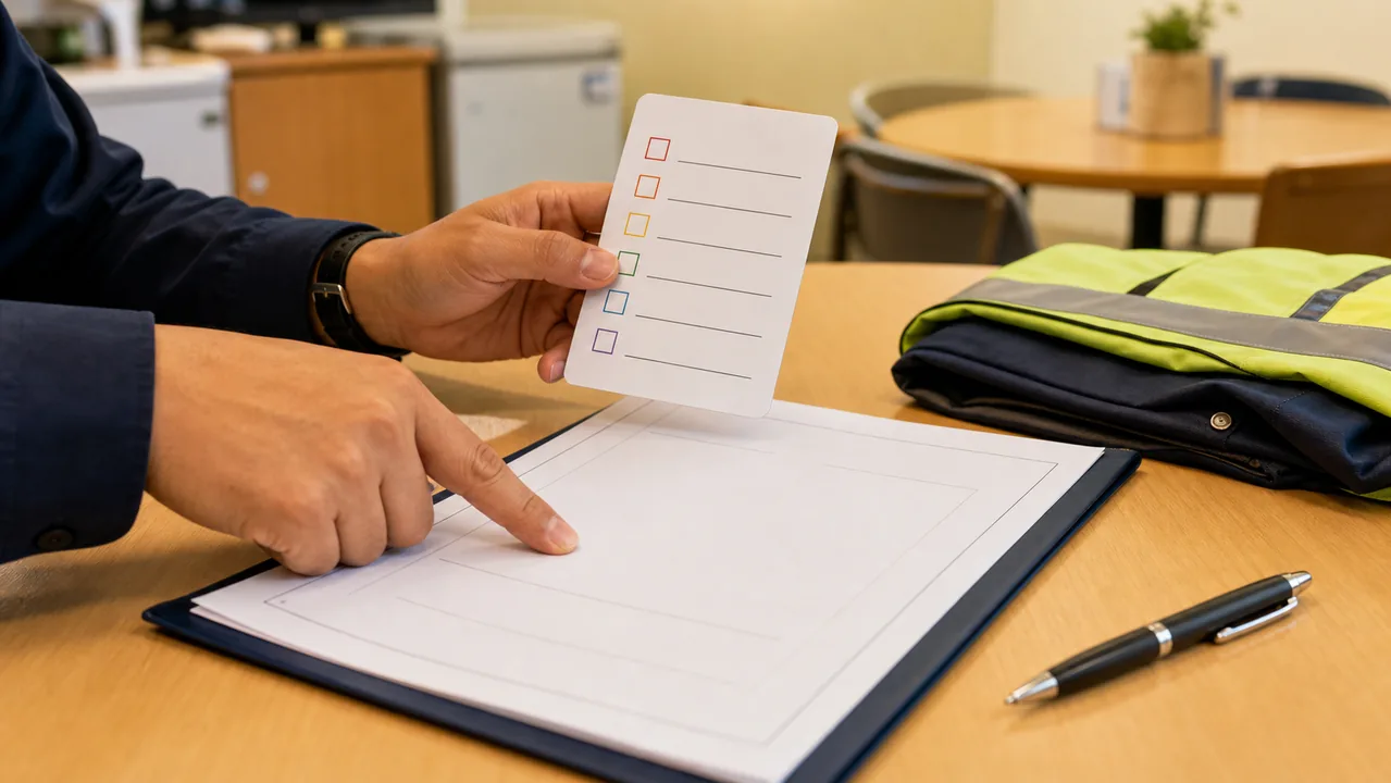 A worker compares a blank contract with a checklist card.