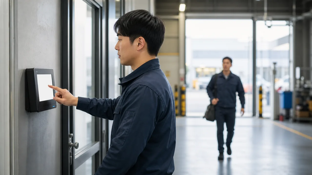 A worker uses a generic time clock tablet at a workplace entrance.