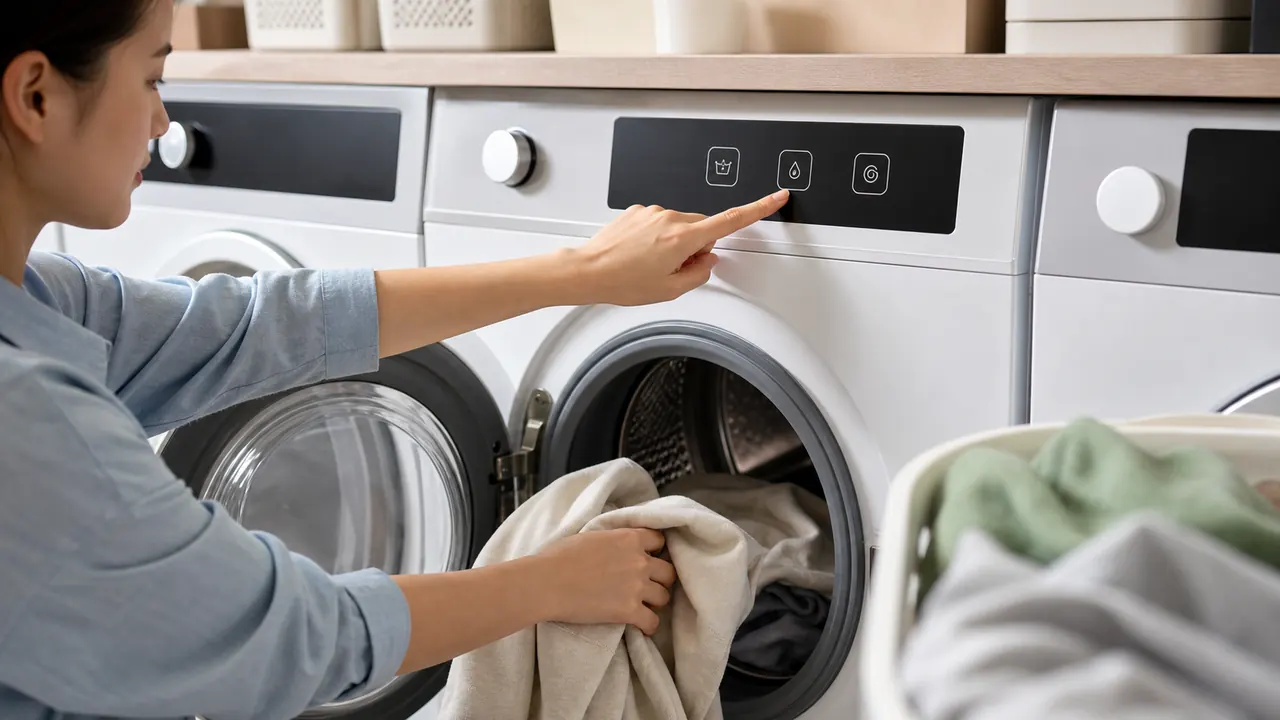 A learner loads clothes into a washing machine and checks a blank control panel.
