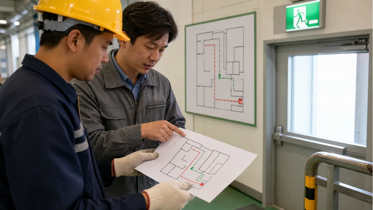 Workers trace a blank evacuation route card near an emergency exit area.