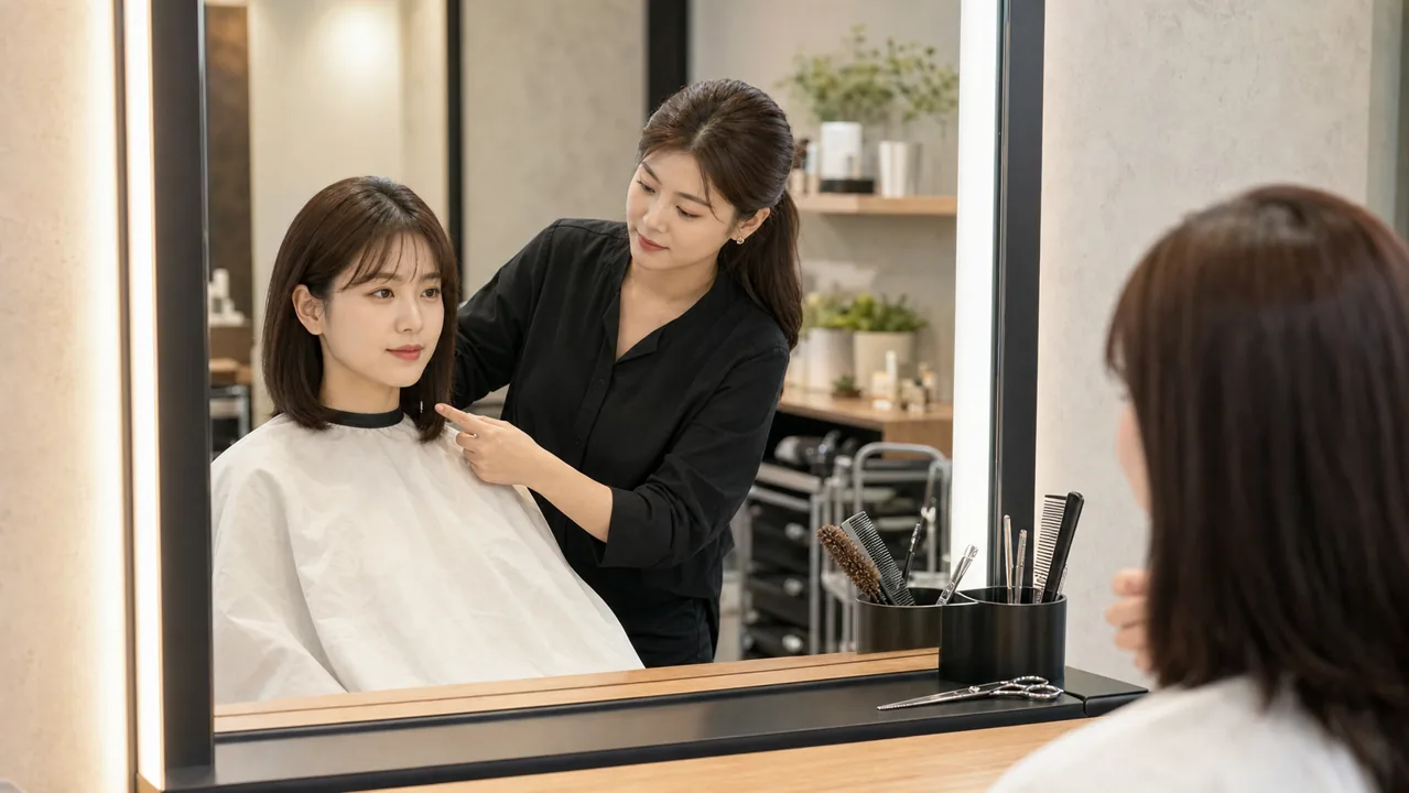 A learner and stylist discuss haircut length in front of a Korean salon mirror.
