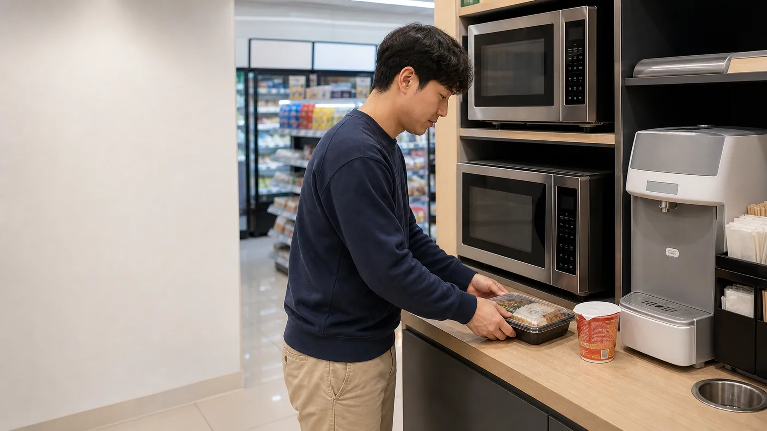 A learner uses a convenience store microwave station for a boxed meal and cup noodles.