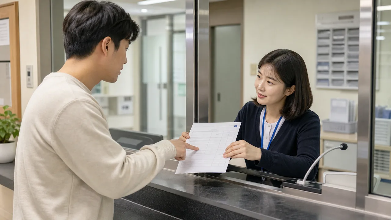 A resident asks a management office staff member about an apartment fee notice.