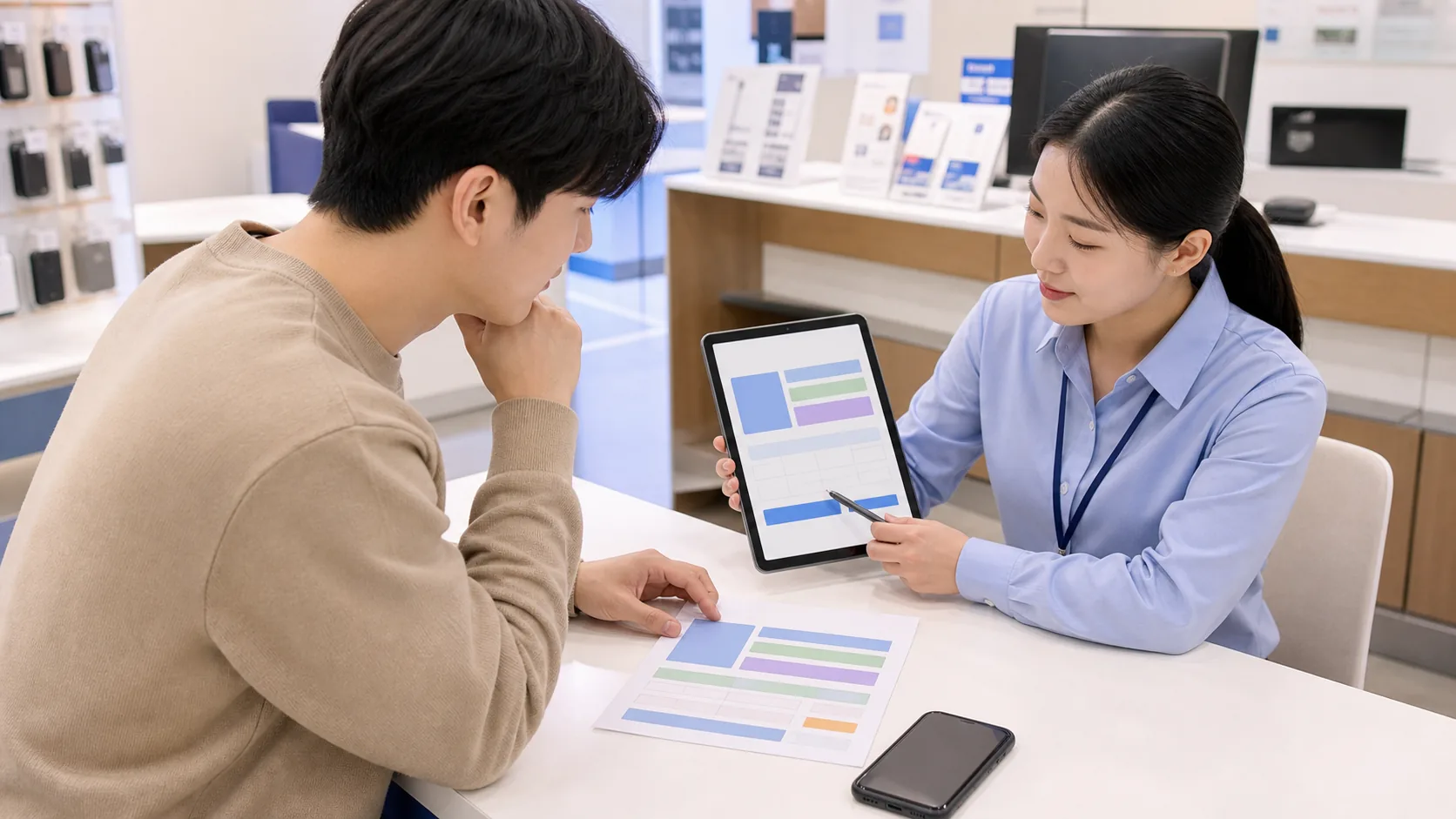 A learner and store staff compare a blank mobile plan sheet on a tablet and paper form.