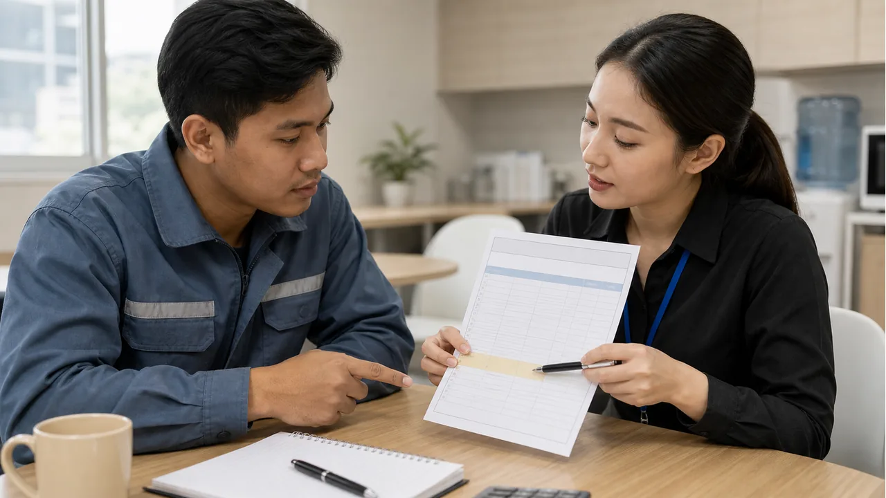 A worker points to a blank payslip section while payroll staff explains deductions.