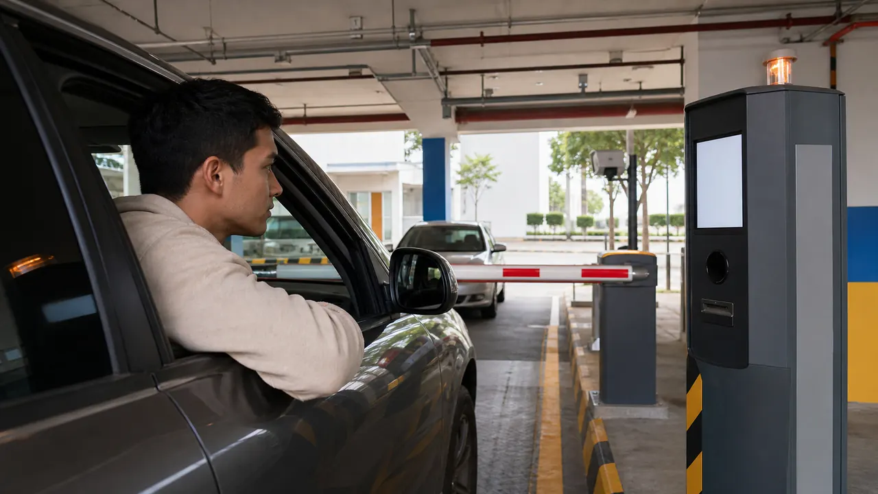 A car waits at a parking exit barrier with a blank payment display.