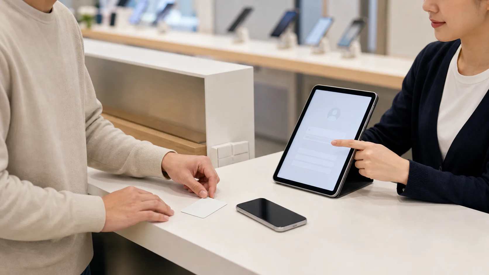 A learner places a blank ID card near a phone while staff shows a blank verification screen.