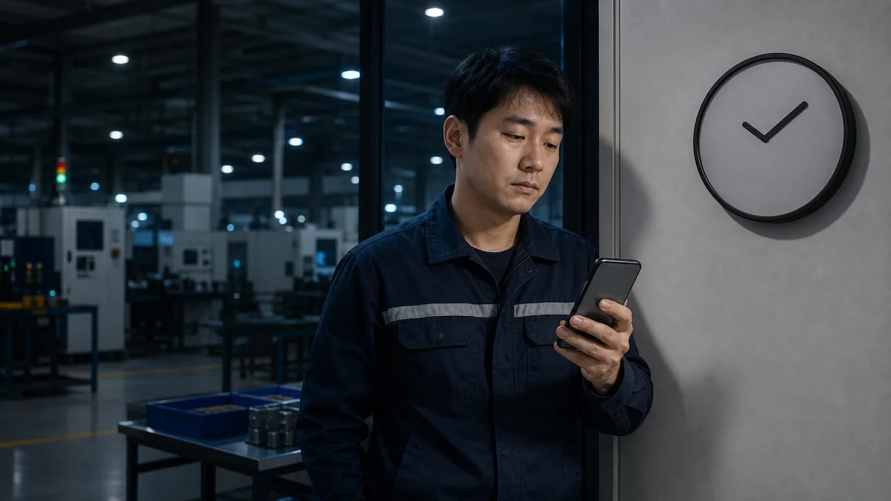 A night shift worker checks a phone during overtime in a clean factory.