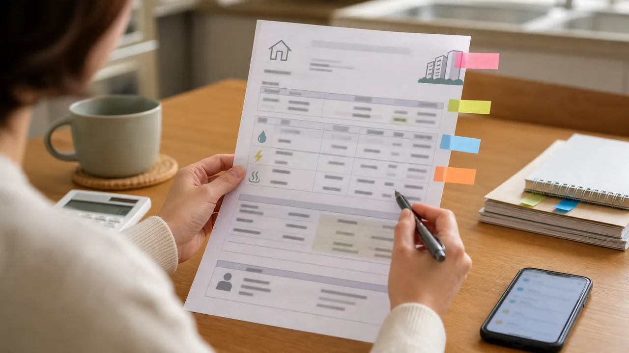 A resident checks payment, due date, and utility bill icons on a tablet and paper bill.