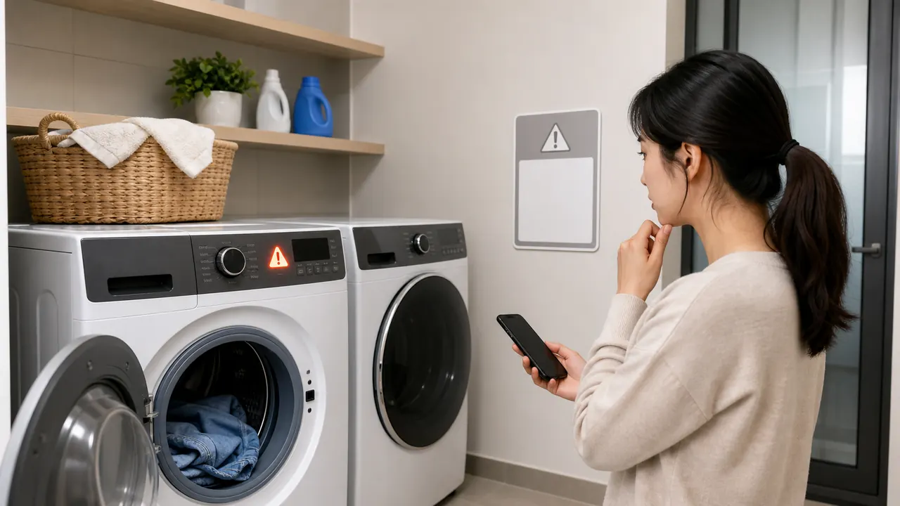 A resident checks a washing machine problem and prepares to ask for help.
