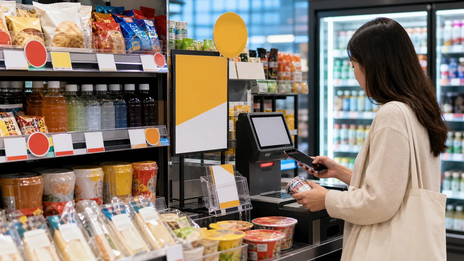 A shopper checks a promotion shelf and uses a phone near a payment terminal.