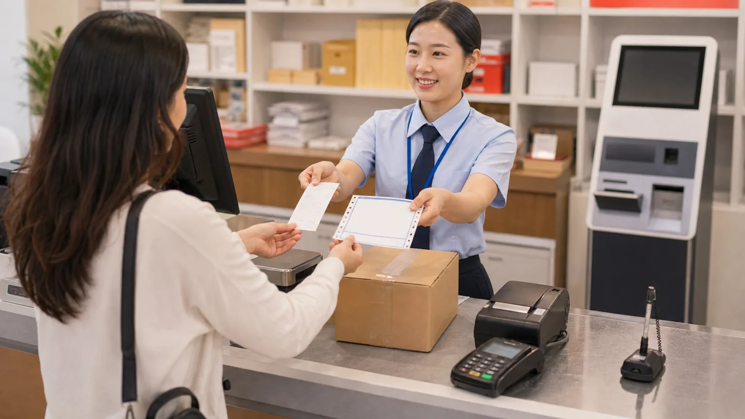 A post office employee hands a receipt and shipping label to a learner.