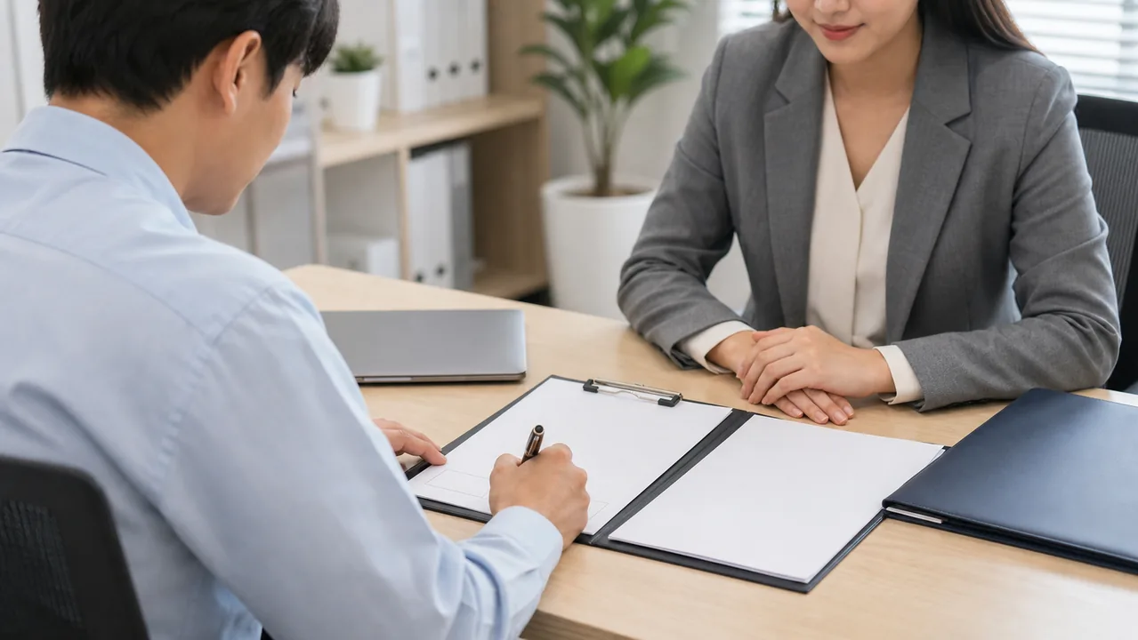 A worker prepares to sign a blank employment contract in an office.