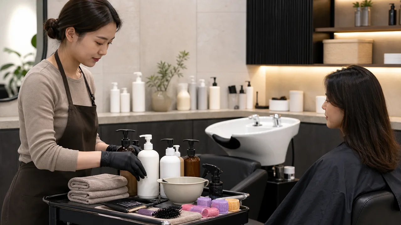 A Korean hair salon treatment station with blank shampoo, dye, and styling supplies.