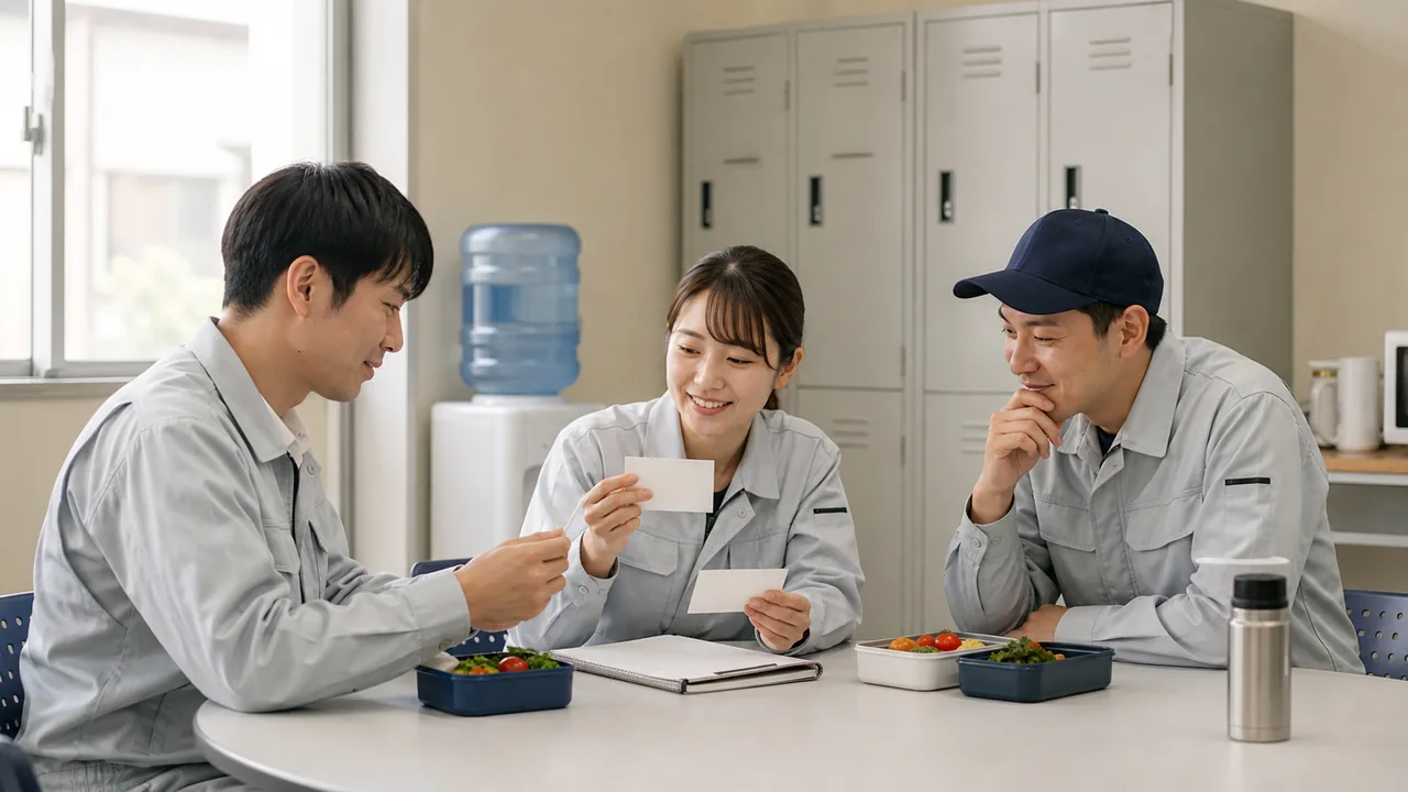 Workers review blank vocabulary cards during a lunch break.