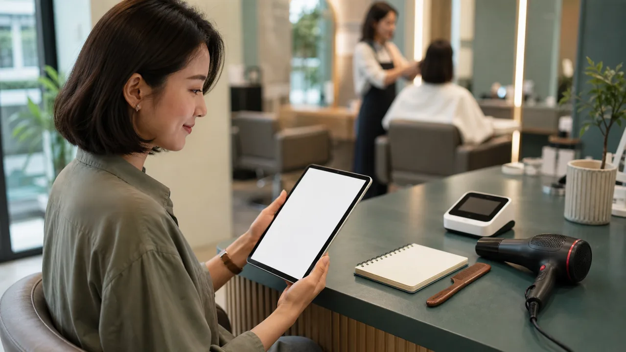 A learner reviews hair salon vocabulary on a tablet inside a Korean salon.