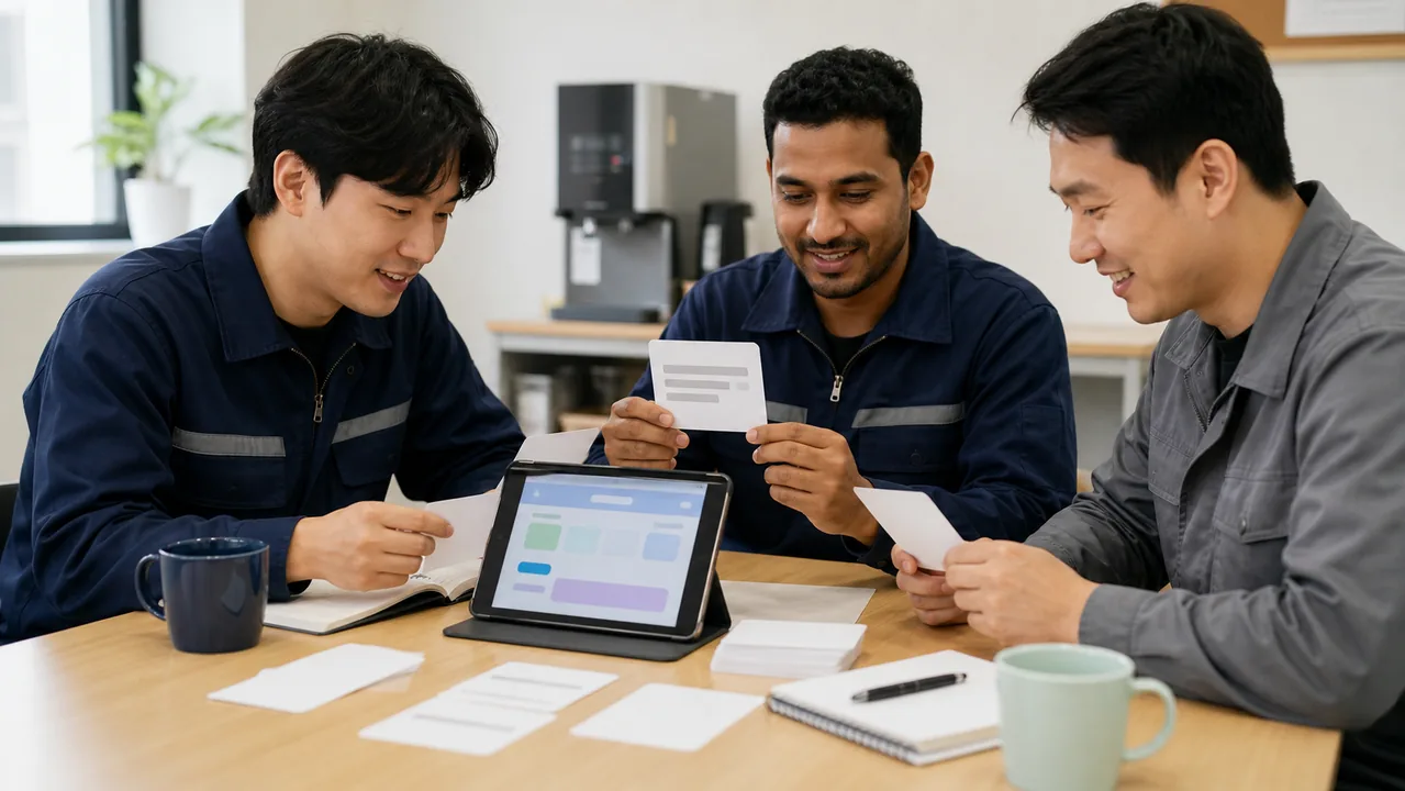 Workers practice employment contract vocabulary with blank flashcards and a tablet.