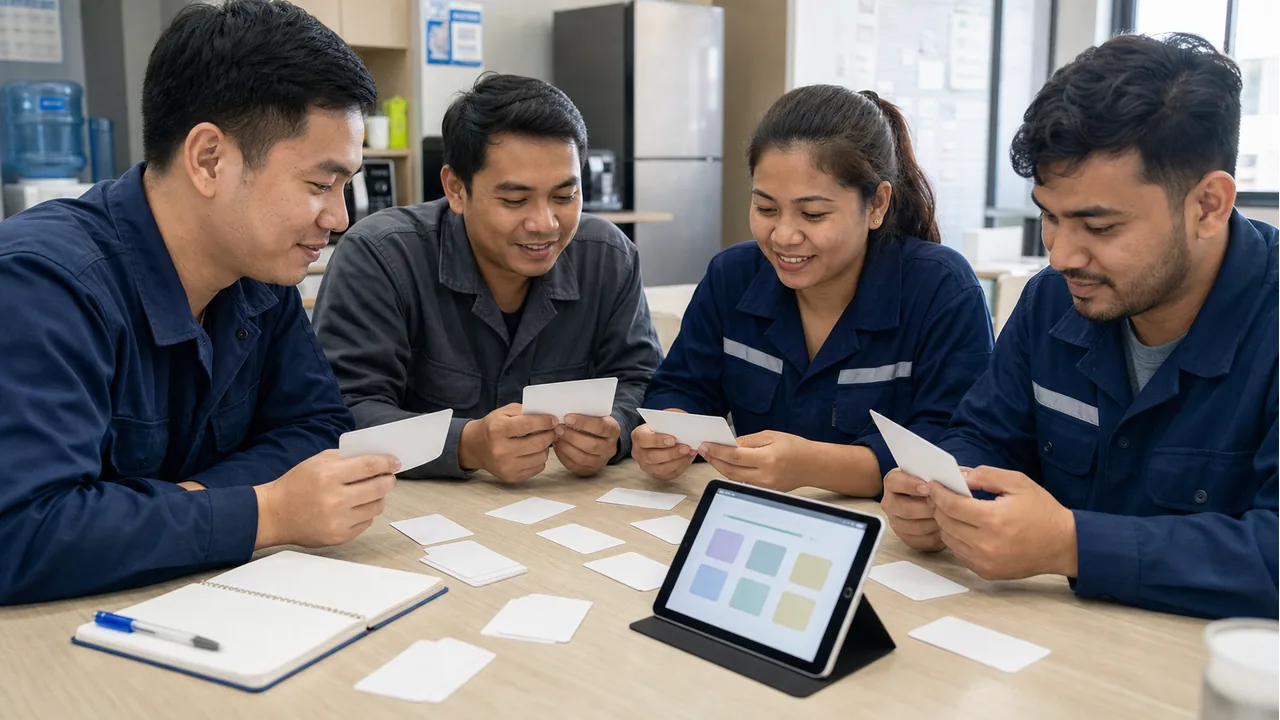 Workers practice payslip vocabulary with blank flashcards and a tablet.
