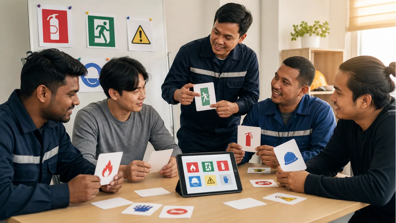 Workers practice emergency sign vocabulary with icon cards and a tablet.