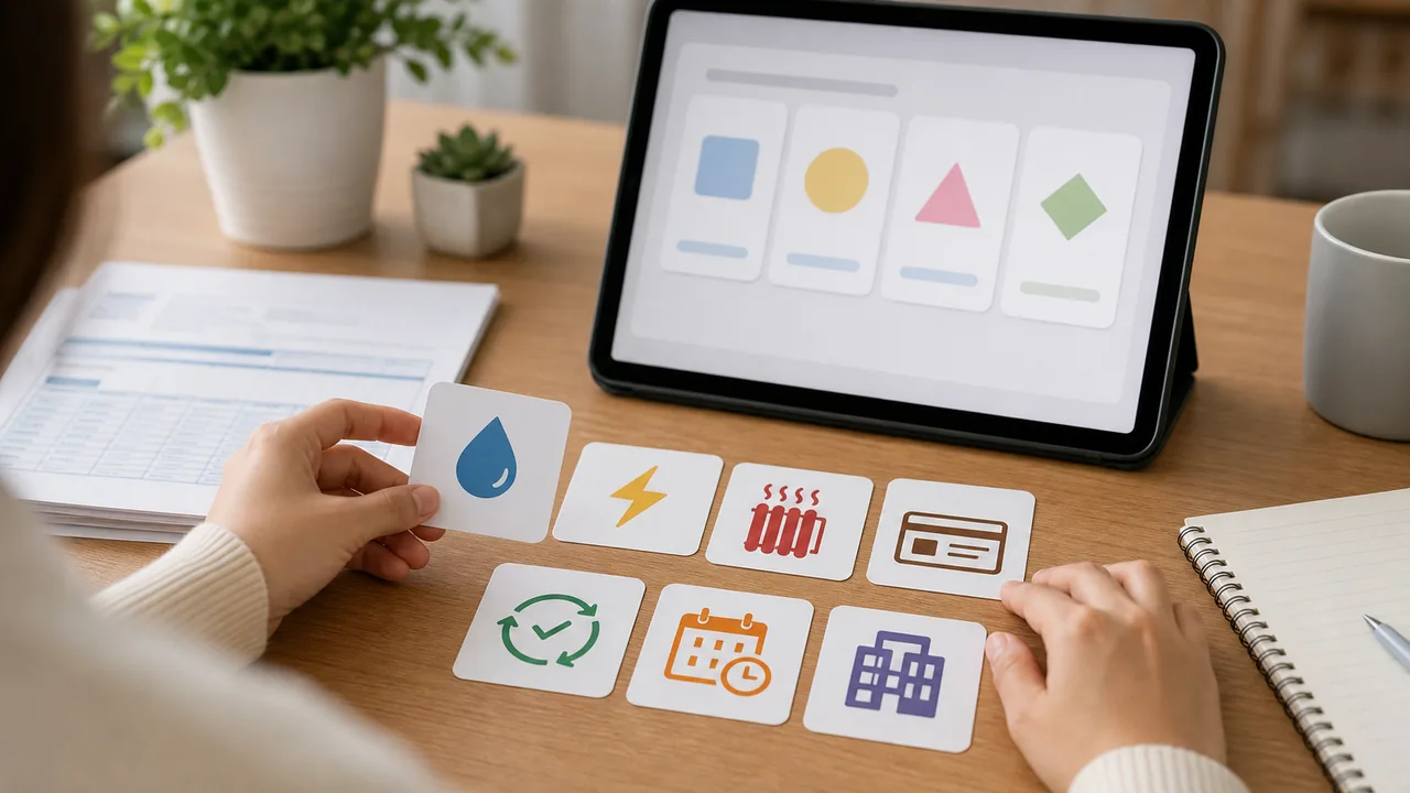 A learner practices apartment fee vocabulary with a tablet and simple bill icon cards.