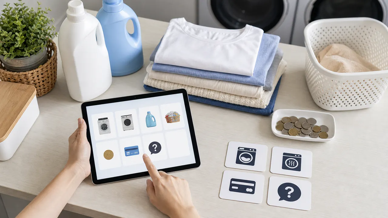 A learner reviews laundry room vocabulary on a tablet beside folded clothes and laundry supplies.