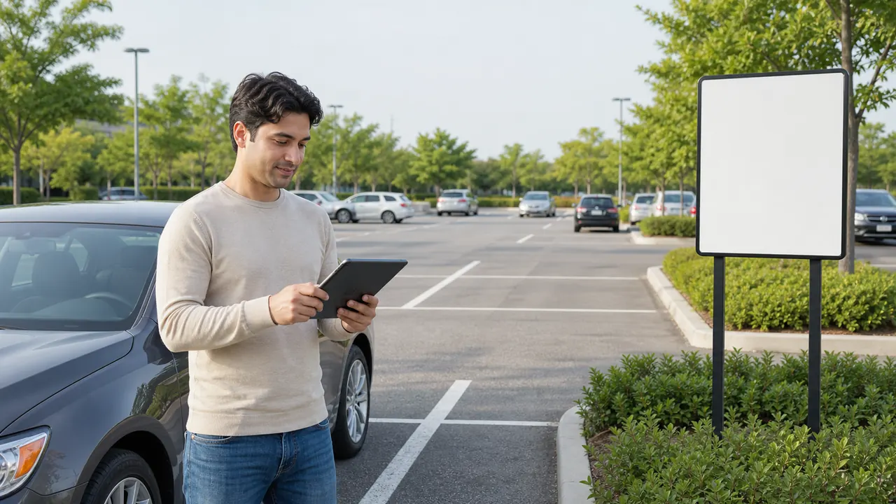 A learner reviews parking lot vocabulary on a tablet beside an outdoor parking lot.
