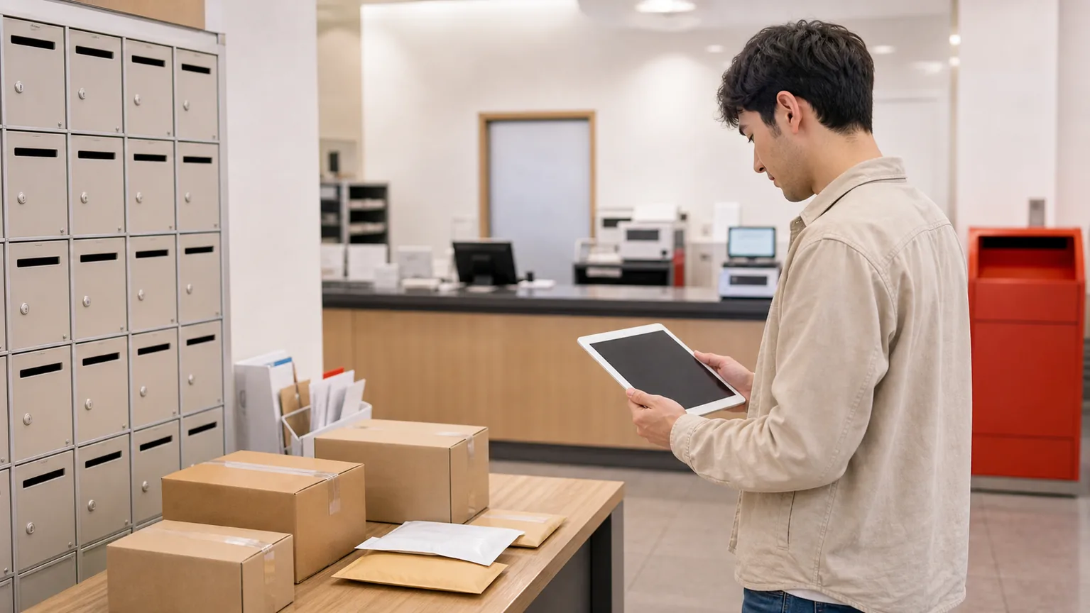 A learner reviews post office vocabulary on a tablet near mailboxes and parcels.