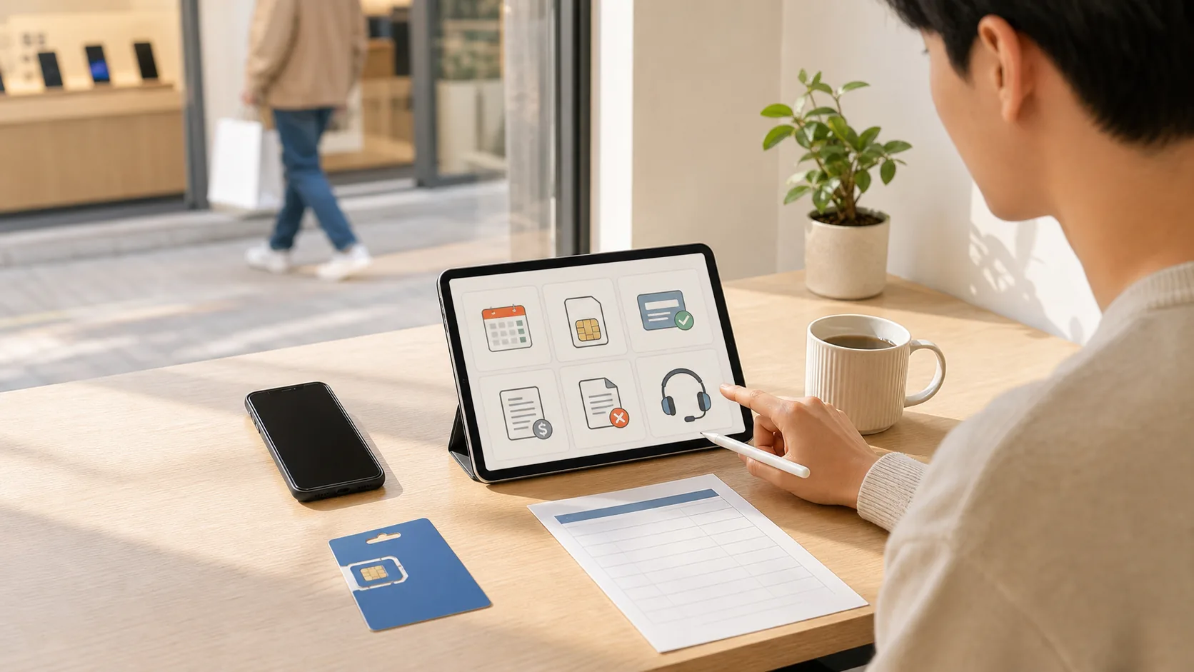 A learner reviews mobile phone store vocabulary on a tablet beside a smartphone and blank forms.