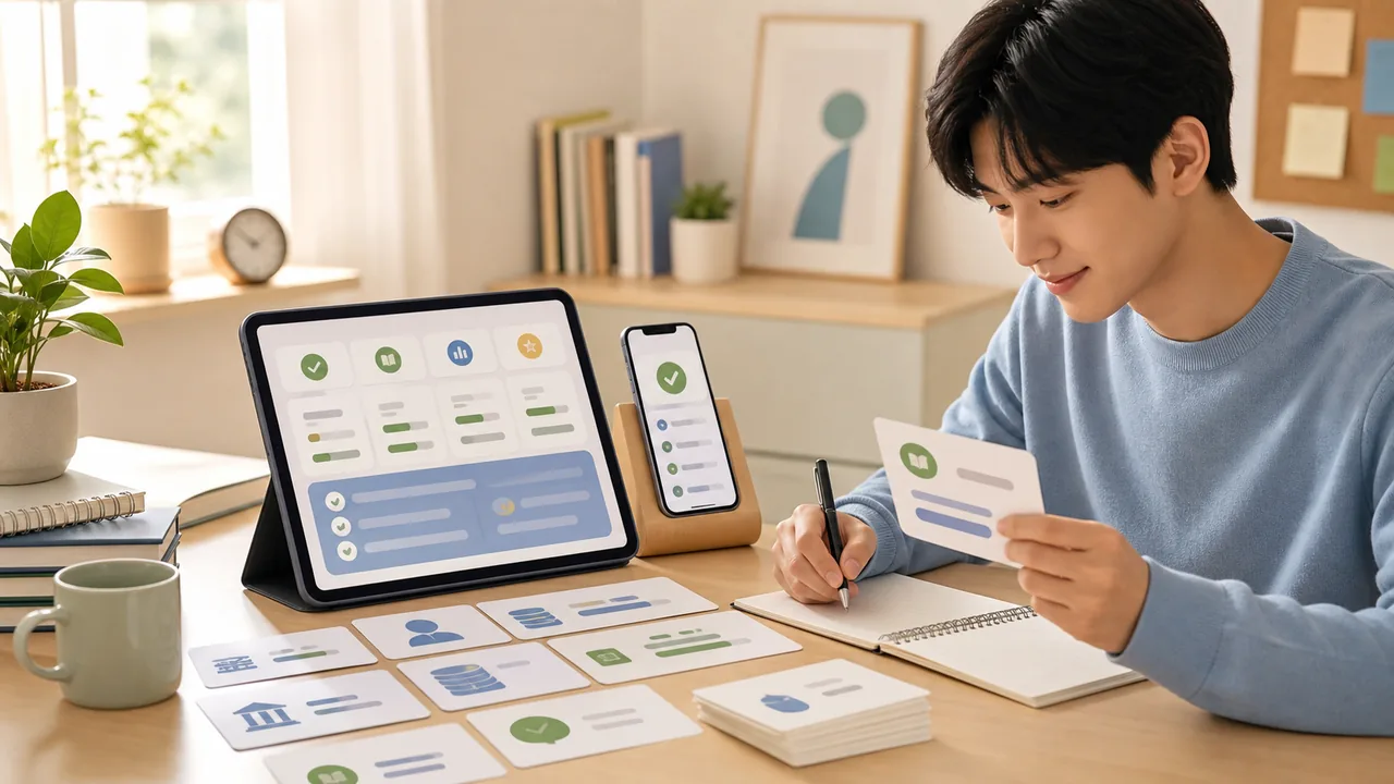 A learner reviews Korean banking vocabulary after practicing a bank transfer lesson.